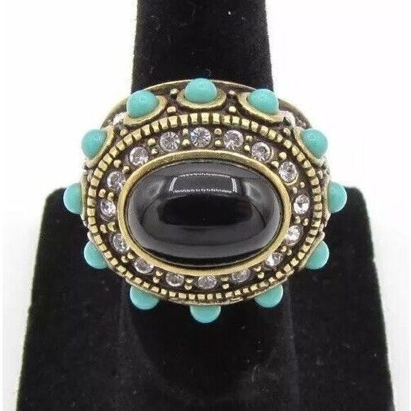 HEIDI DAUS Black and Turquoise with white crystal Ring in Sz 5 - Picture 1 of 3